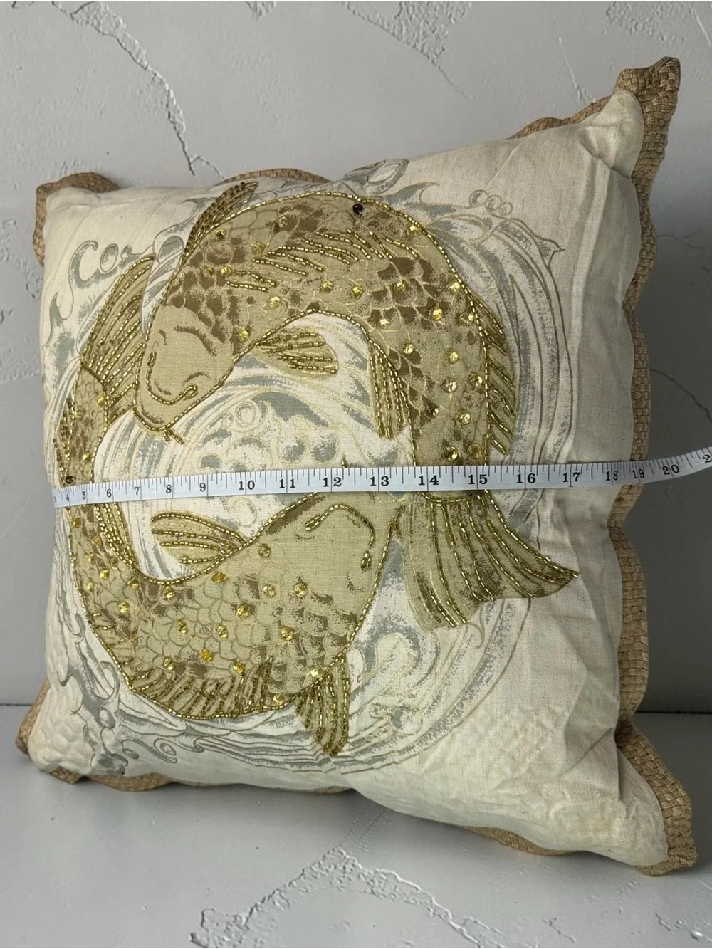 Pier 1 Imports Beaded Koi Fish Decorative Throw Pillow 18x18 Cream Gold Multi